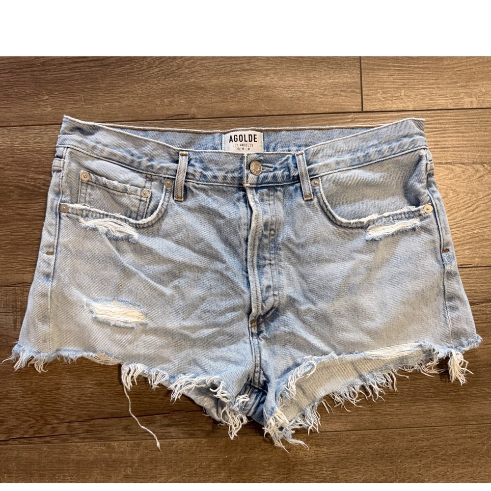 AGOLDE Parker High Rise Cut Off Denim Shorts Light Wash Distressed Blue Size 30